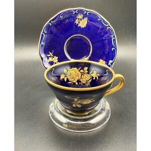 Bareuther Waldsassen Bavaria Echt Cobalt 22k Gold Tea Cup Saucer Set Germany